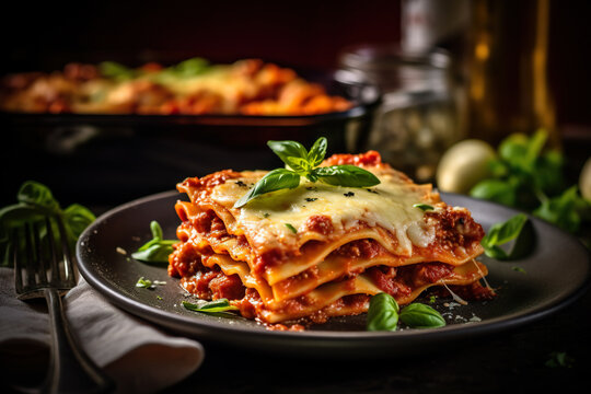 Piece of tasty hot lasagna on a plate. Tradishional Italian food