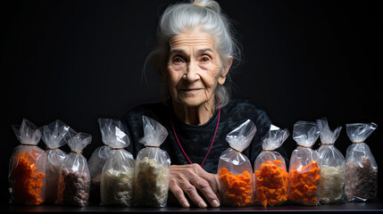 Old lady sitting behind bags of medical substances. AI Illustration.