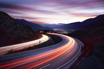 a highway in the mountains with light trails, in the style of traditional british landscapes, soft, atmospheric lighting, richly coloured skies, rim lights