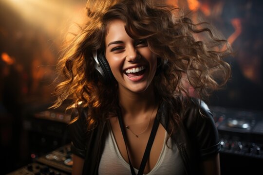 Pretty woman being a dj at a party. Generative AI