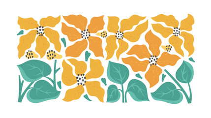 Abstract modern sunflowers field banner. Trendy groovy botanical background, wall art, card