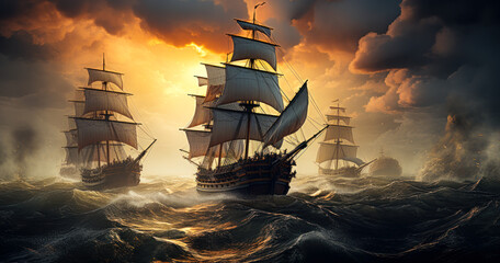 Fototapeta premium Stormy Sky: Wooden Warships Battle at Sea