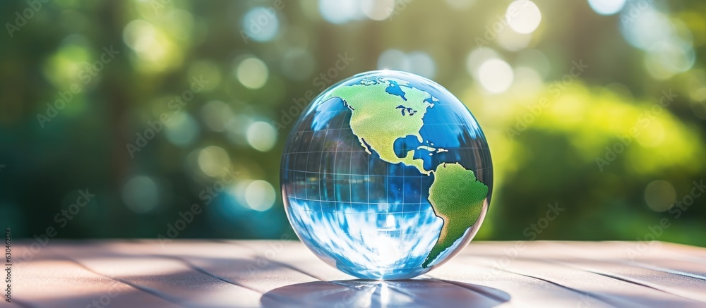 Wall mural a close-up image of a glass globe placed on a table, with a copy space background for adding text. t