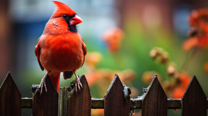 Cardinal Beauty: Red Bird on a Fence - Powered by Adobe
