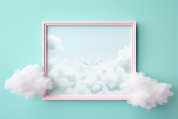 Simple mirror with cloud reflection hanging on wall on light turquoise background