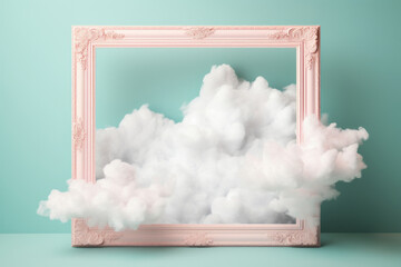 Pink photo frame with clouds on light teal background. Empty art template hanging on wall