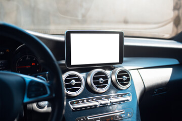 Car multimedia monitor with empty blank on screen. Mockup concept. Close-up view.