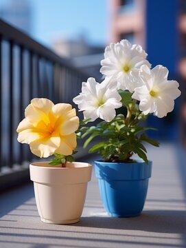 Colorful pitunia flowers in a ceramic flowerpot standing on balcony