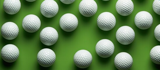 A green background with a group of golf balls and a tee is displayed from a top view, providing ample space for copying.