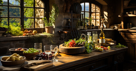 Fototapeta premium Country Kitchen Delight: Wine Tasting in a Comfortable Setting