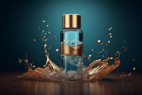 Skin care tonic water bottle template in liquid splash. Teal and gold micellar container mockup