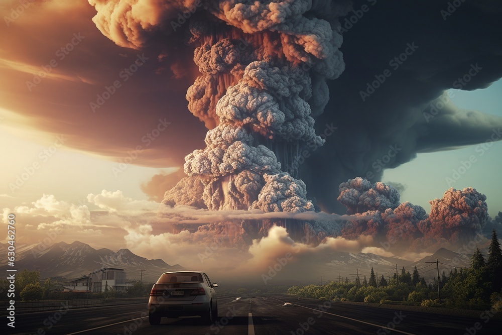 Poster an active volcano with clouds of smoke.