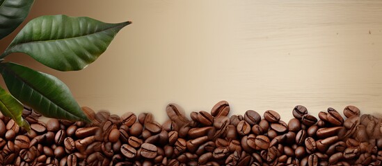 A coffee banner, appropriate for caffeine and coffee producers, showcases natural coffee beans and palm leaves on a craft paper. It offers copy space and emphasizes harvest coffee. The banner size