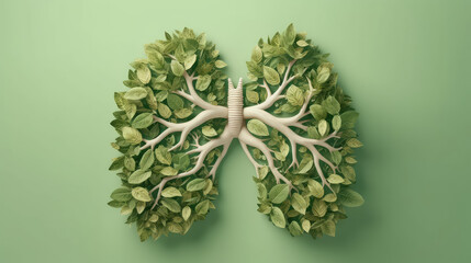 Human lungs made of green leaves isolated on flat green background with copy space. Creative icon of lungs, healthy breathing, clean air, inhalation. 3d render illustration style.