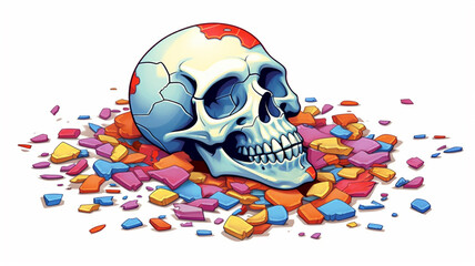 Unique halloweeen skull, piece of past, tiles of suffering, pain, burning in blue light of colorful emotions, love, AI GENERATIVE
