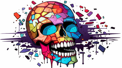 Unique halloweeen skull, piece of past, tiles of suffering, pain, burning in blue light of colorful emotions, love, AI GENERATIVE
