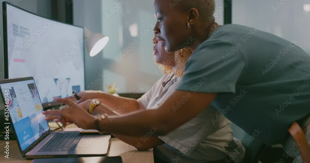 Leinwandbilder Computer, research or programmer women team for cybersecurity, app coding or data analysis in office. Hacker, developer or employee on tech for software code, programming or startup analytics review.