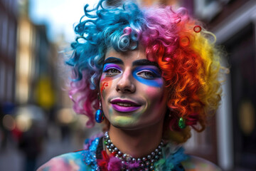 Generative AI illustration of portrait happy all painted young transgender man with a colorful wig and standing on street looking at camera