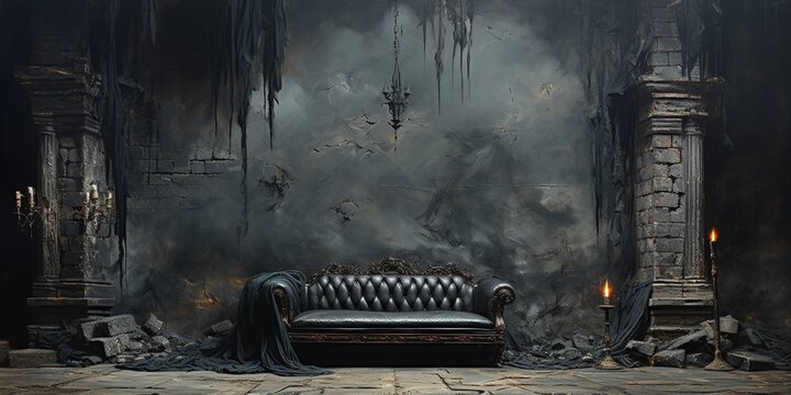 Generative AI, gothic ruined black interior and landscape in the style of gloomy fantasy