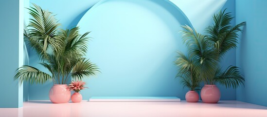 A studio background with a gradient blue color is perfect for presenting products. The room is empty and has shadows from the window, flowers, and palm leaves. It is a 3D room that offers plenty