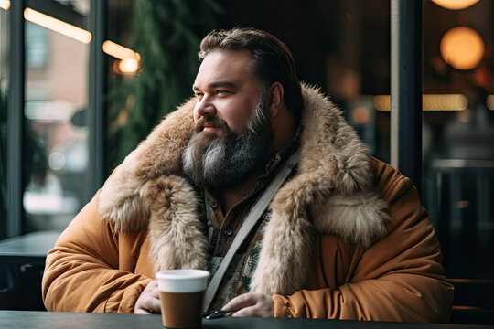 Generative AI image of portrait fat man in casual clothes sitting a cafe table with a hot drink looking away