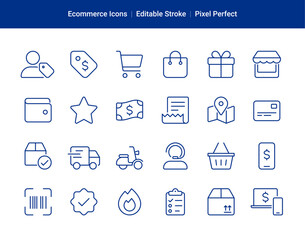 Set of shopping icons in line style. Editable stroke. Сollection of web icons for online store, such as discounts, delivery, price tag, payment, app store, coupon, shopping cart. 