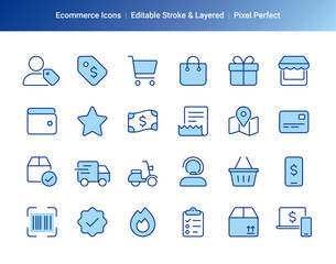Set of shopping icons in line style. Editable stroke. Color layer. Сollection of web icons for online store, such as discounts, delivery, price tag, payment, app store, coupon, shopping cart. 