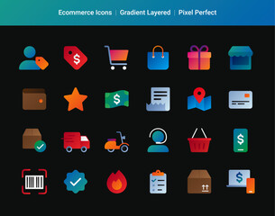 Set of shopping icons in gradient style. Editable layer. Сollection of web icons for online store, such as discounts, delivery, price tag, payment, app store, coupon, shopping cart.