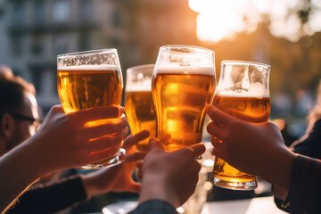 A company of people clink glasses with beer mugs at a beer festival by Generative AI