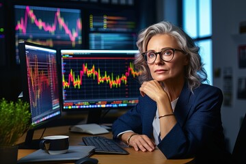 Cryptocurrency and securities trading. Middle aged female financial analyst works in front of multiple monitors in the office. Tracking quotes in real time.