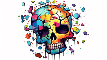Halloween skull, piece of past, tiles of suffering, pain, burning in blue light of colorful emotions, love, AI GENERATIVE