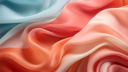 Obraz premium Colorful Symphony Vibrant 3D Render Blue, Orange, Pink, Red Silk Fabric, Abstract Patterns Dynamic Hues, Curved Waves Graceful Motion, Iridescent Design Element for Captivating Banner 