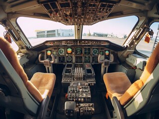 Fototapeta premium Hoch oben in den Wolken: Das Flugzeugcockpit