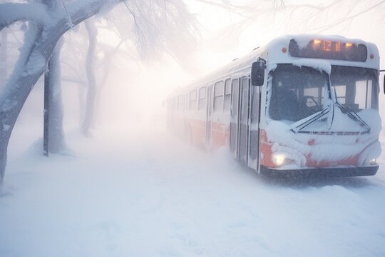 Frozen bus in winter in a blizzard.