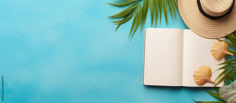 Poster a writing book with summer beach accessories is placed on a background and has copy space. is a flat