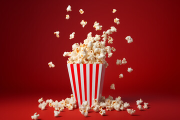 Falling popcorn in a red-white box isolated on a neutral background