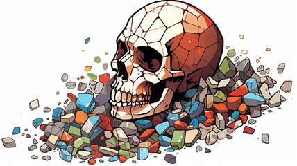 Skull, piece of past, tiles of suffering, pain, burning in blue light of colorful emotions, AI GENERATIVE