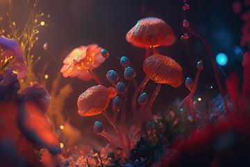 Fototapeta na wymiar Fantasy landscape with red mushrooms and bokeh