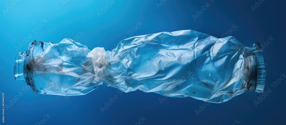 Poster an empty crumpled plastic bottle is seen on a blue background from a top view, with space for copyin