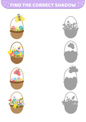 Spring Easter baskets. Find the correct shadow. Shadow matching game. Cartoon, vector