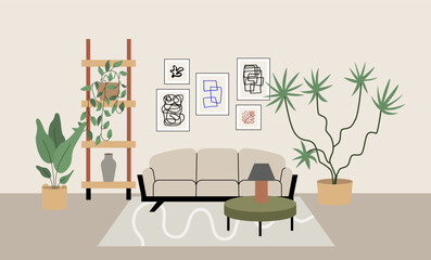 Modern living room with sofa, table, carpet, plants and other decor. Vector flat illustration of interior design and furniture	