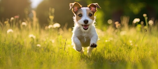 Happy and energetic Jack Russell pet dog puppy running in the grass during the summer. This web banner has copy space.