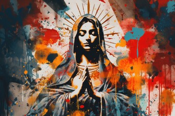 Virgen Mary on abstract grunge background with splashes and blots
