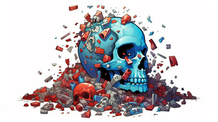 Skull, piece of past, tiles of suffering, pain, burning in blue light of colorful emotions, AI GENERATIVE