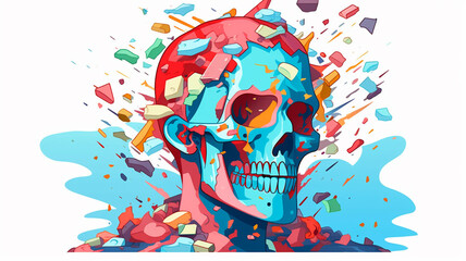 Skull, piece of past, tiles of suffering, pain, burning in blue light of colorful emotions, AI GENERATIVE