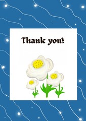 White flowers thank you card on blue frame