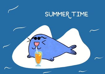 Funny blue seal with cocktail and text SUMMER TIME
