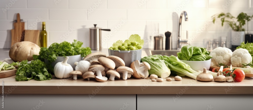 Poster fresh vegetables and mushrooms placed on a white table in a modern kitchen. text can be added.