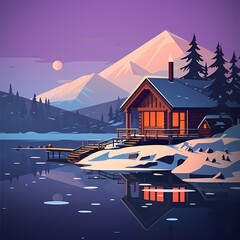 snowy cabin on mountain and lake flat design