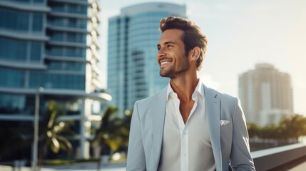 Happy wealthy rich successful business man standing in big city modern skyscrapers street on sunset thinking of successful future vision, dreaming of new investment opportunities